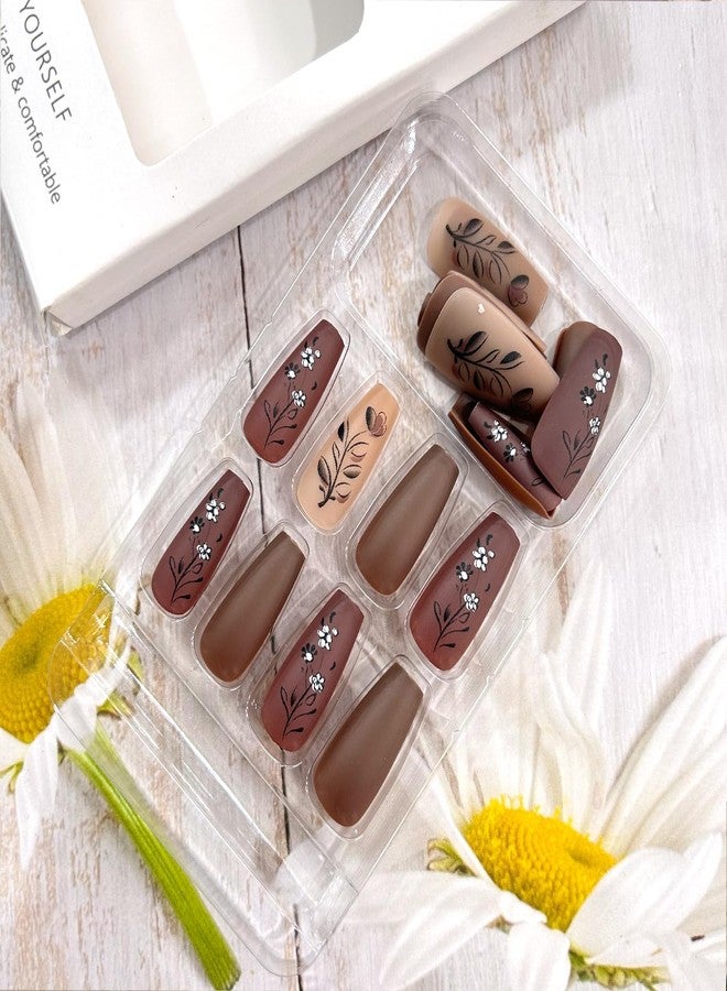 CJDLTS Brown Press on Nails Medium Matte Fake Nails Brown Flower Pattern Design Artificial Nails Solid Color Press Nails Full Cover Ballet Shaped Nails Acrylic Stick on Nails 24Pcs Glue on Nails for Women - Image 4